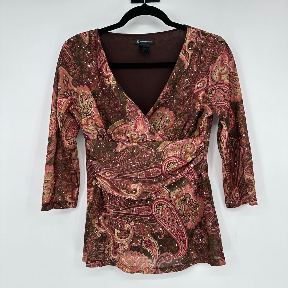 Y2K INC Pink Brown Paisley Boho Whimsy Fairy Whimsygoth Surplice Blouse Ruched M